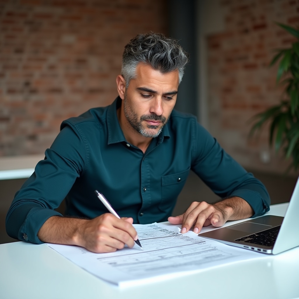 Imprenditore in sessione di pianificazione con documenti e laptop su tavolo